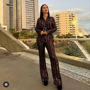 NWT 2 Piece Set Sequin Flared Pants & Sequin Shirt M Blogger’s Favorite